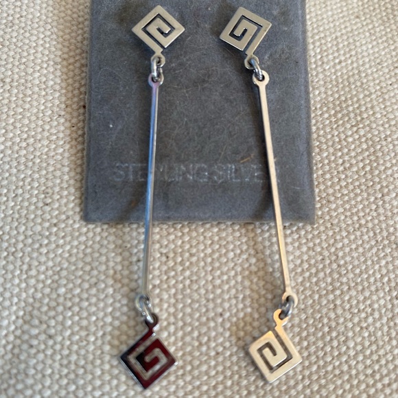 Sterling Silver Greek Key Dangling Post Earrings - Picture 2 of 4